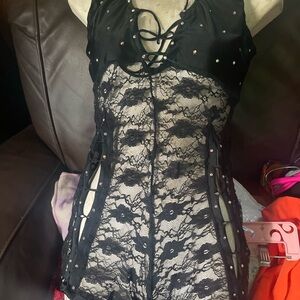 Chic Black Lace Chemise with Rhinestone Accents